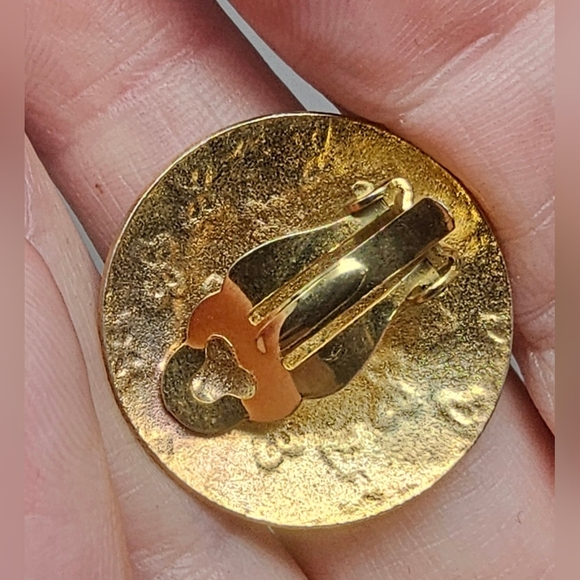 Vintage Black Gold Pink Flower Enamel Cloisonne Clip-On Round Stud Earrings - Picture 7 of 9